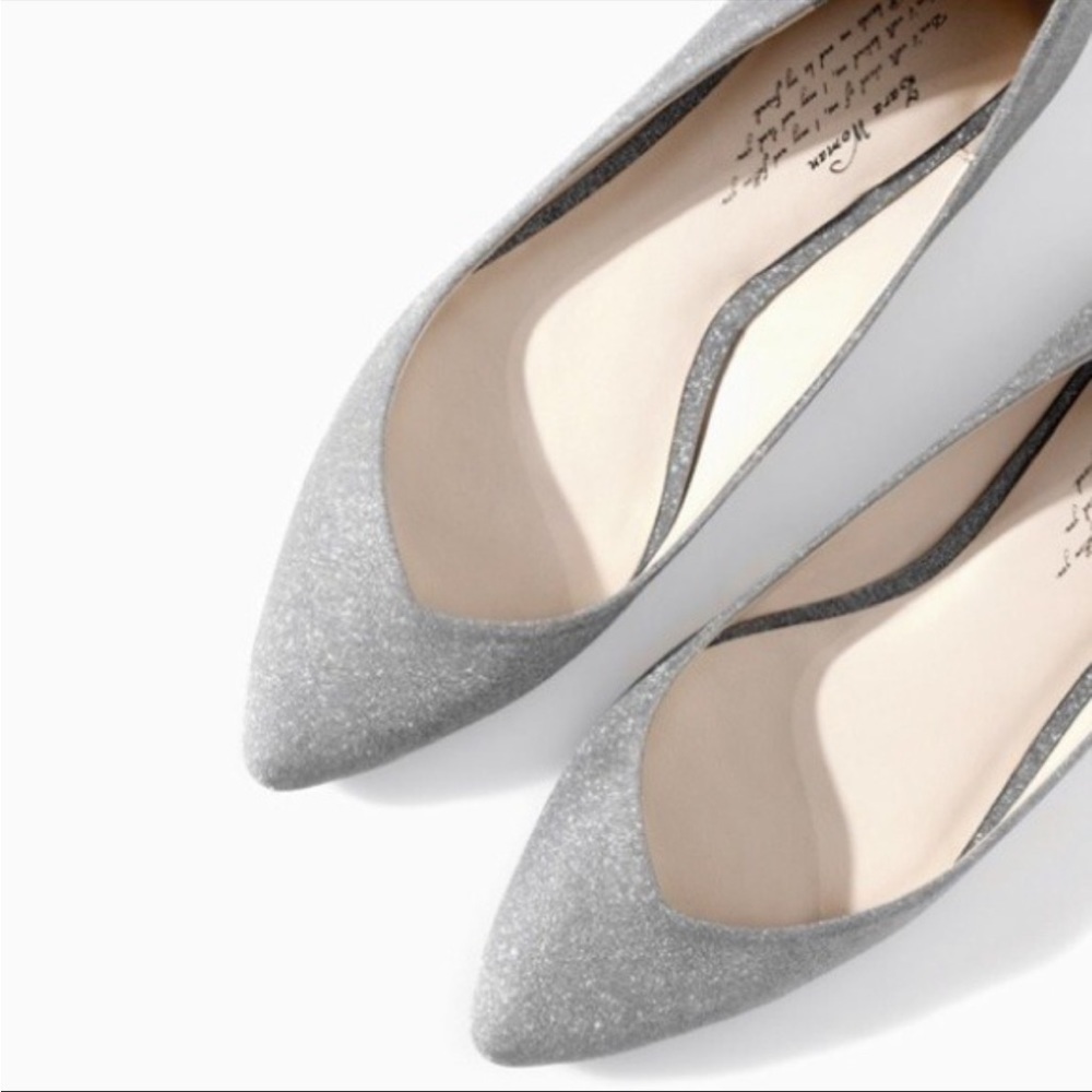 Zara Glitter Slip On Point Toe Ballet Flats in Silver Size 38 or 7.5